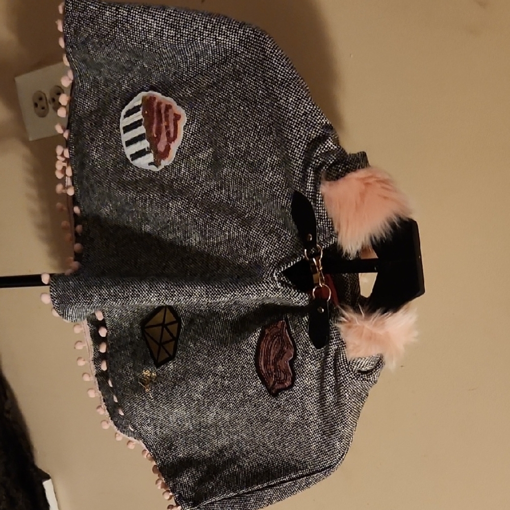 Betsey Johnson Black And White Poncho with Pink Fur Trim